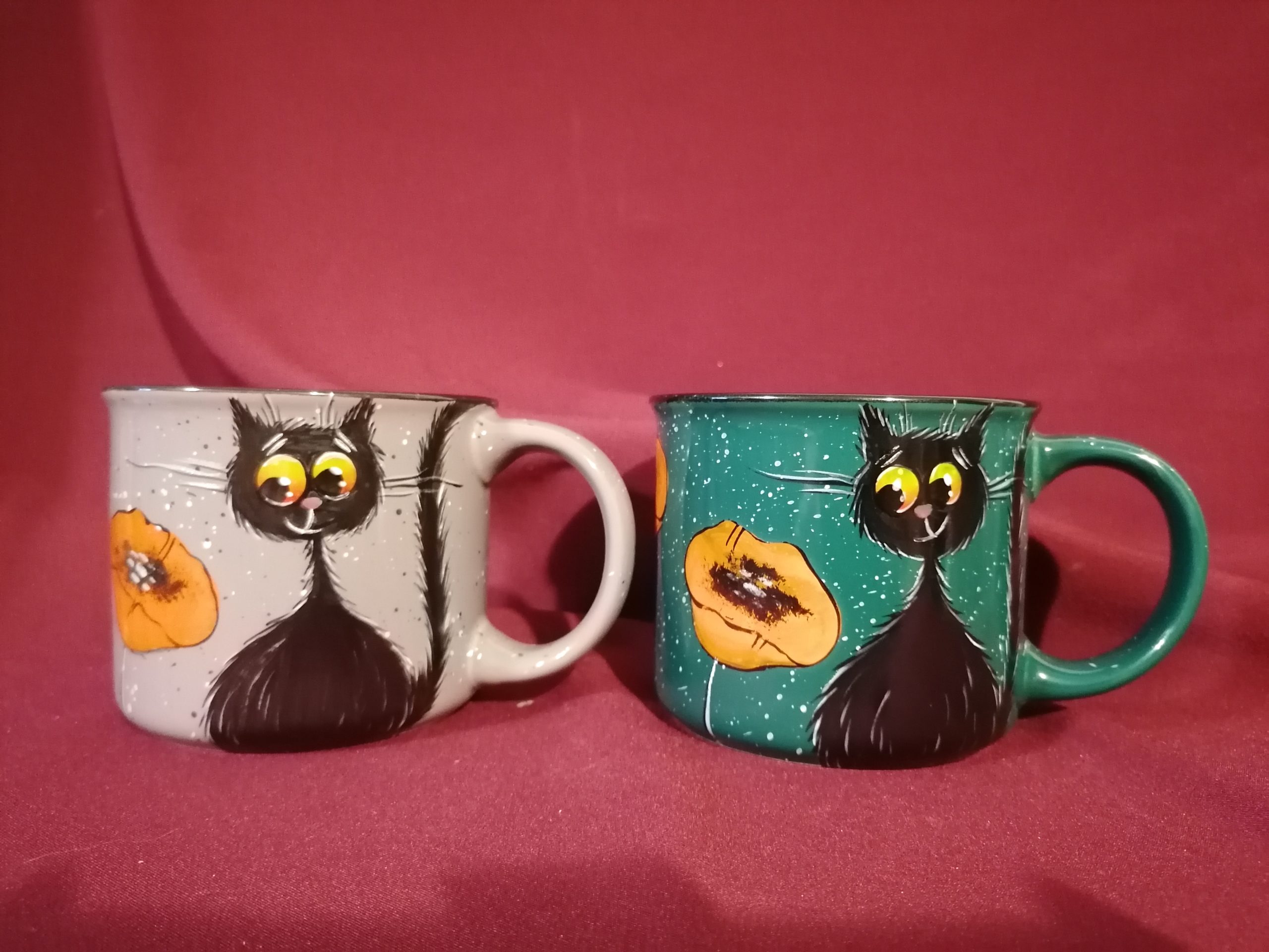 zománc hatású kerámia bögre macskás mintával